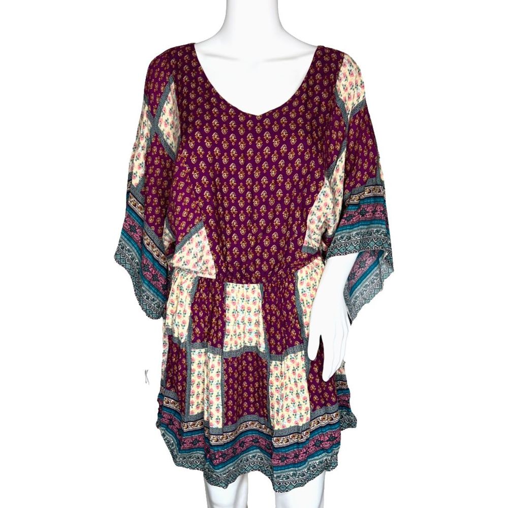American Eagle Dress Womens Small Maroon White Patchwork Boho‎ Peasant Festival